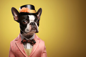 Creative animal concept. Boston Terrier dog puppy in glam fashionable couture high end outfits isolated on bright background advertisement, copy space. birthday party invite invitation banner	
