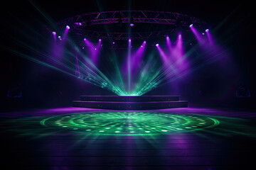 Free stage with lights, Empty stage with purple and green spotlights,. Presentation concept