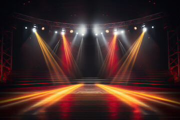 Free stage with lights, Empty stage with red and yellow spotlights,. Presentation concept