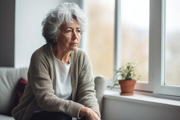 Depression, sad and senior woman by window looking, upset, lonely and unhappy in retirement home, Mental health, loneliness and and depressed elderly female thinking of problem, issues and crisis - obrazy, fototapety, plakaty