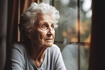 Depression, sad and senior woman by window looking, upset, lonely and unhappy in retirement home, Mental health, loneliness and and depressed elderly female thinking of problem, issues and crisis - obrazy, fototapety, plakaty