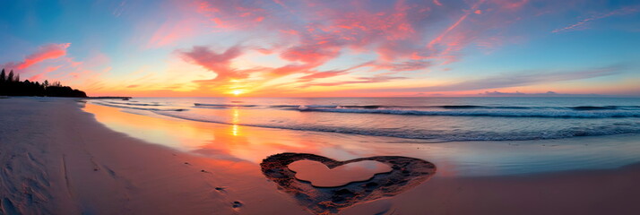 A sunset beach scene with footprints in the sand and a heart drawn in it.
