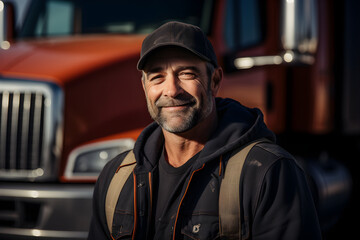 A middle aged trucker standing by his truck in the US, smiling for a portrait,