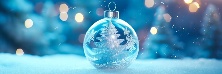 Fototapeta na wymiar crystal-clear glass ornament on a Christmas tree, revealing a miniature winter wonderland inside