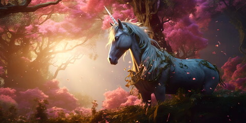 Obraz na płótnie Canvas forest scene filled with mythical creatures like unicorns