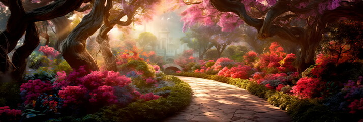 magical garden filled with oversized, vibrant flowers. warm glow that illuminates a charming pathway winding through the garden.