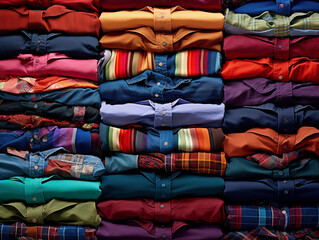 A lot of colorful, neatly arranged stack of various clothing items artfully filling the frame, meticulously organized layers of shirts, pants and other garments in eye-catching patterns