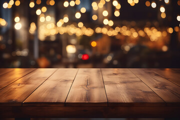 blurry restaurant background with lights bokeh on an empty wooden table top