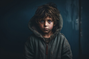Dramatic Portrait of a refugee homeless child standing in a dark room with sad expression