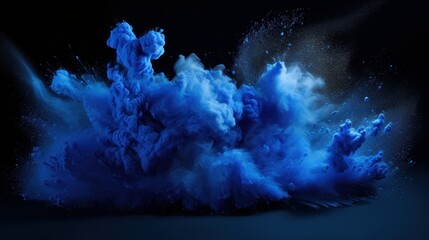 Blue powder or particles dispersing in the air after an explosive release against a dark black background. This striking image captures the dynamic and colorful burst of energy