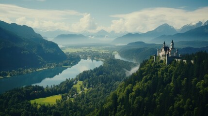 The breathtaking view from Neuschwanstein Castle in Germany, showcasing the castle's vantage point and scenic surroundings - obrazy, fototapety, plakaty