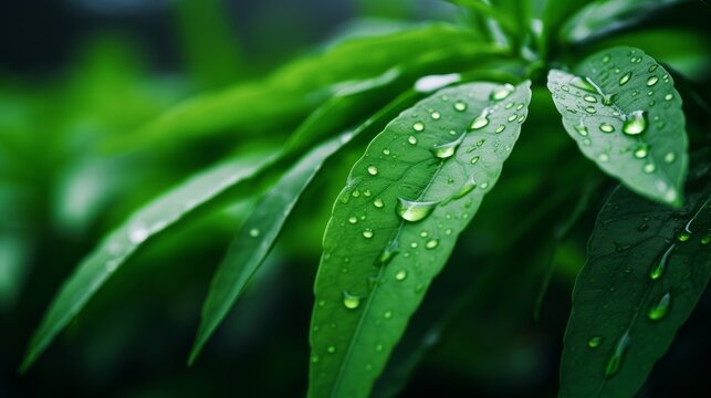 A lush green tropical plant adorned with glistening raindrops, creating a stunning image of nature's beauty, with a softly blurred background