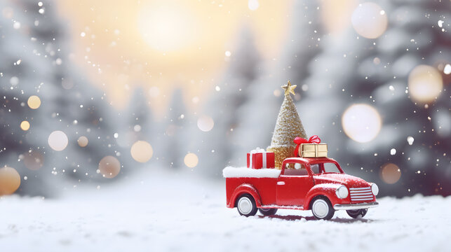 santa toy with red car carrying christmas ornaments on snow copy space background - Powered by Adobe