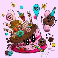 Cute celebration cake with different adorable candies like donuts, chocolate sticks, strawberries, crema, biscuits, cupcakes, balloons, party candles, and stars.
