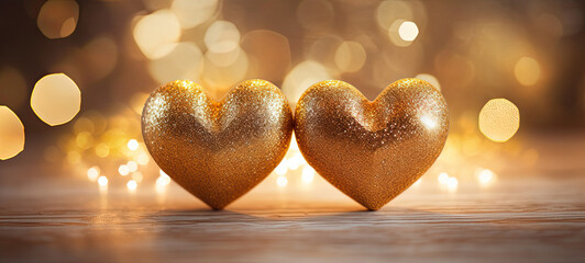  Two golden heart On gold Glitter In Shiny background with bokeh lights wit copy space,Valentines day card - obrazy, fototapety, plakaty