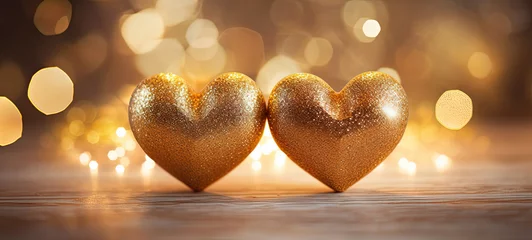 Foto op Aluminium  Two golden heart On gold Glitter In Shiny background with bokeh lights wit copy space,Valentines day card © Planetz