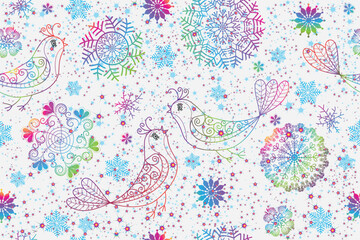 Christmas vector seamless pattern with stars and rainbow birds, gradient snowflakes on white background