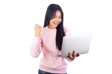  Asian woman holding laptop isolated on white background