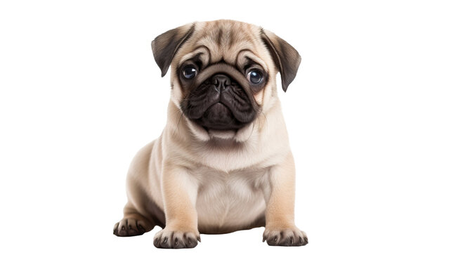 pug dog puppy looking at you , isolated on white background cutout 
