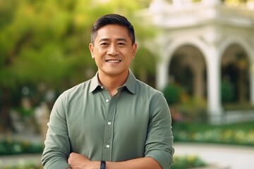 Portrait of happy asian man with arms crossed smiling at camera - obrazy, fototapety, plakaty