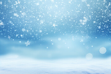 christmas background with snowflakes, Winter snow background with snowdrifts, with beautiful light and snow flakes on the blue sky in the evening, banner format, copy space,