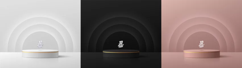 Foto op Plexiglas Set of 3D black, silver and pink gold cylinder podium background with semi circle neon lighting backdrop. Abstract luxury minimal scene mockup products display. Stage showcase. Vector geometric form. © JE48