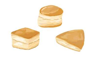 Different shapes of scones, rounds, squares and triangles. Hand drawn vector illustration. 