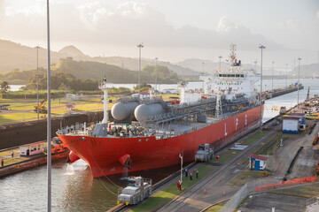 Sailing of an oil tanker ship through the Panama Canal in the Panama City, Panama, Central America
