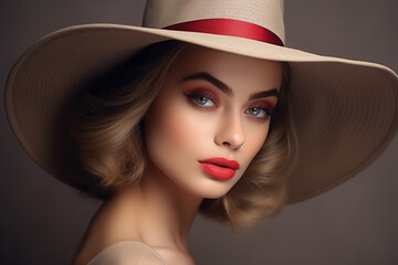 Fashion Woman in Hat with Red Lips Make up and Golden Earring, Beauty Model Face Hidden by Wide Broad Brim Hat, Elegant Lady Close up Portrait over Gray