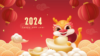 Spring Festival background design a lovely dragon holding a gold ingot