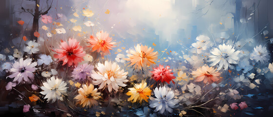 Digital painting of colorful flowers with nature with watercolor effect. Spring background