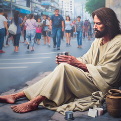 Jesus as homeless on street - obrazy, fototapety, plakaty