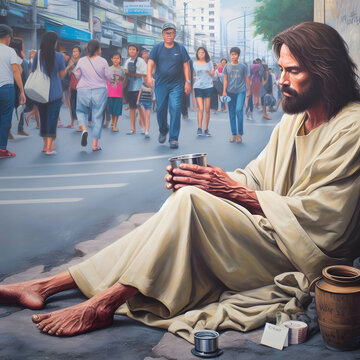Jesus as homeless on street