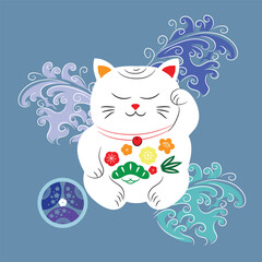 Awesome maneki-neko cat   for prints  Modern cute japanese template design with lucky charms - Maneki Neko Vector flat trendy illustration

