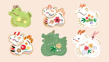 2024 Japanese New Year icons  set - Daruma, Dragon, flower, bamboo tree, elements  traditional Japanese doll, Vector art illustration