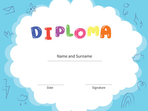 Diploma certificate for kids and children on  blue background with kids elements 