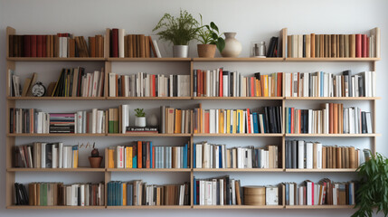 A library shelf filled with numerous books, showcasing a minimalistic, simple, modern, and new design