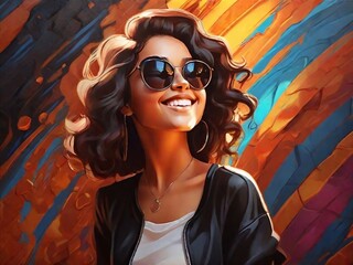 Discover captivating art featuring a beautiful girl with curly hair, a radiant smile, and stylish sunglasses against a vibrant multicolored backdrop. Explore this stunning girl art piece!
