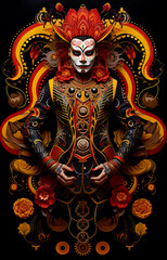 Fototapeta premium Illustration of Joker cards in mandala pattern, red, brown and black, vintage luxury colors Royal Clown 