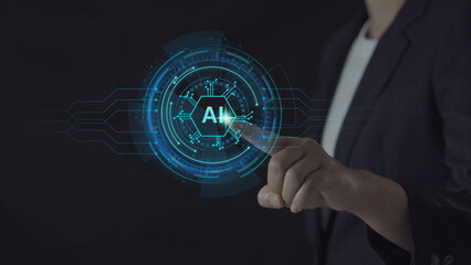 Ai technology, Artificial Intelligence. man using technology smart robot AI, artificial intelligence by enter command prompt for generates something, Futuristic technology transformation.