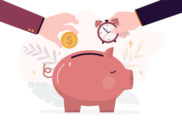Time and money saving. Business and management, Piggy bank, time is money, financial investments in stock market future income growth, Time management planning, deadline.