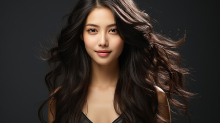 Fototapeta premium Candid portrait of Asian pretty woman curly long hair with perfect skin on dark background.