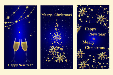 Greeting Cards. Christmas poster set. Vector illustration of a Christmas background with a Christmas tree made of snowflakes and glitter, with glasses of champagne and golden elements.