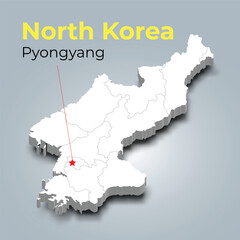 North Korea 3d map with borders of regions and it’s capital