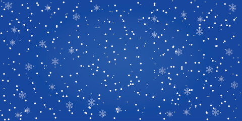 Snow-white background. Christmas and New Year snowy beautiful winter design. White falling snowflakes on blue.
