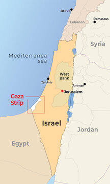 Israel map with its capital Jerusalem, Highlighted Gaza strip, with neighbour countries