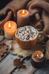 Obraz na płótnie Canvas Spicy sweet fall hot drink: delicious pumpkin latte with cinnamon, marshmallow with salted caramel. Served in handmade artisan mug in shape of pumpkins, cozy home decor with candles, dry autumn leaves