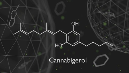 Cannabigerol or CBG molecular structural chemical formula. Futuristic science backdrop. Pharmacology concept. 3D render.