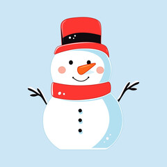 Cute hand drawn style Christmas snowman in Santa hat, scarf isolated on background vector illustration. Happy New Year and Merry Christmas 2023, 2024 concept. Funny character design for greeting card.