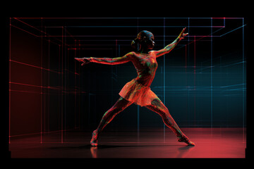 Dancer in neon colors, abstract geometric lines, black light, dynamic pose.